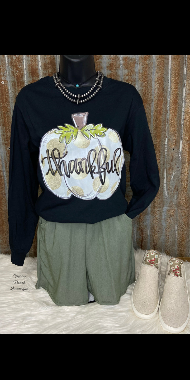 Thankful Metallic Pumpkin Black Long Sleeve Top - Also in Plus Size