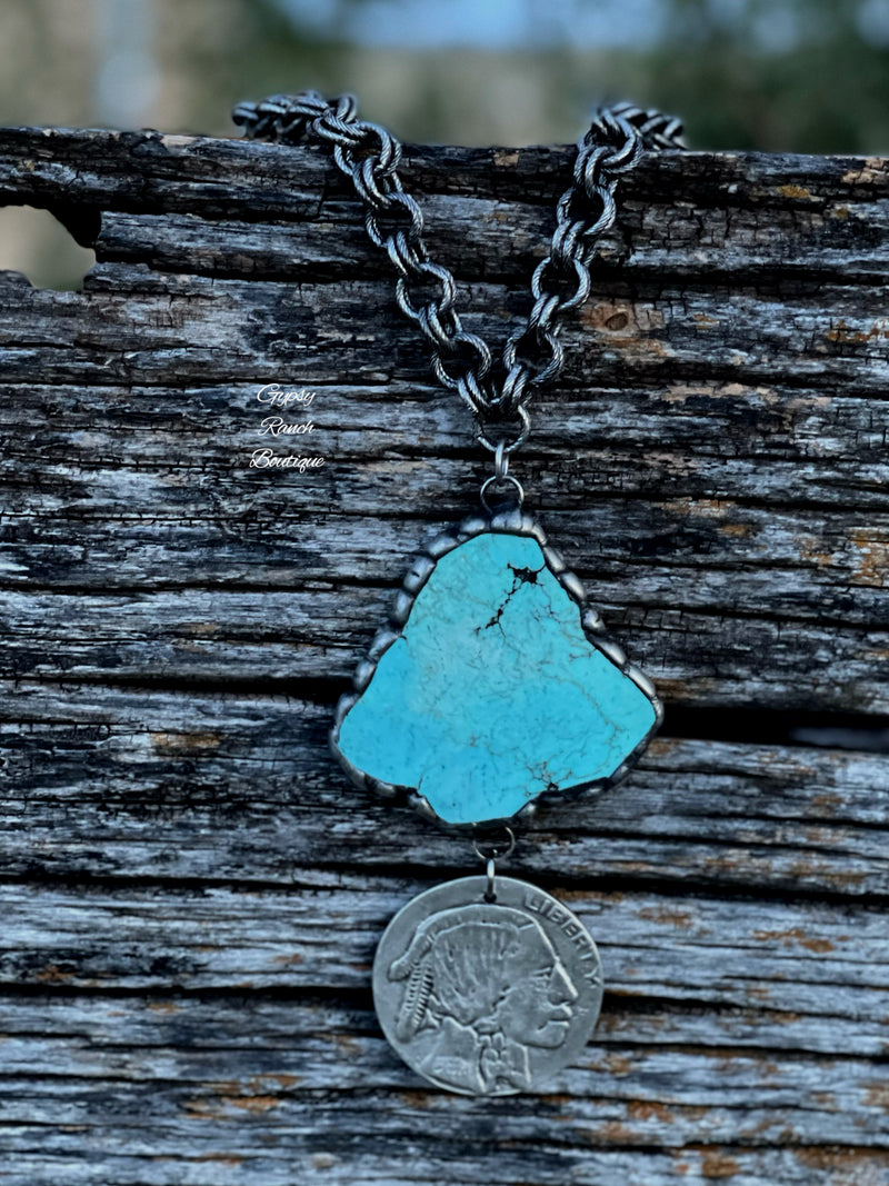 Montana Buffalo Chief Coin Reversible Turquoise Drop Necklace