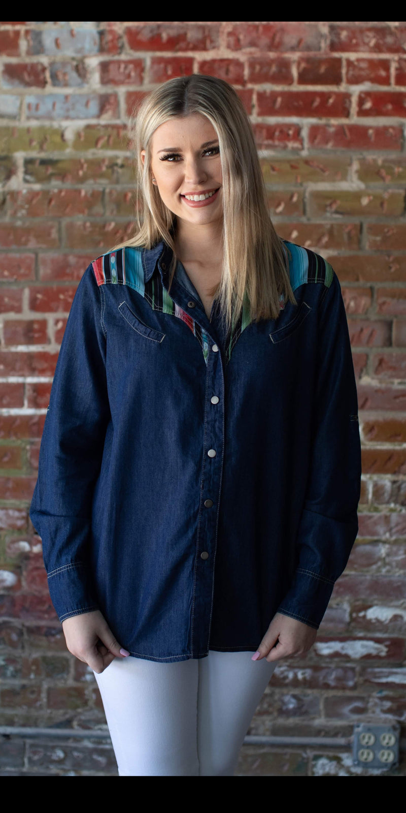 Seguin Serape Denim Top -Also in Plus Size