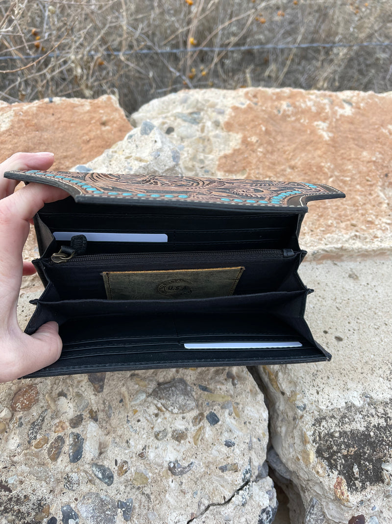 Burleson Turquoise Leather Tooled Wallet